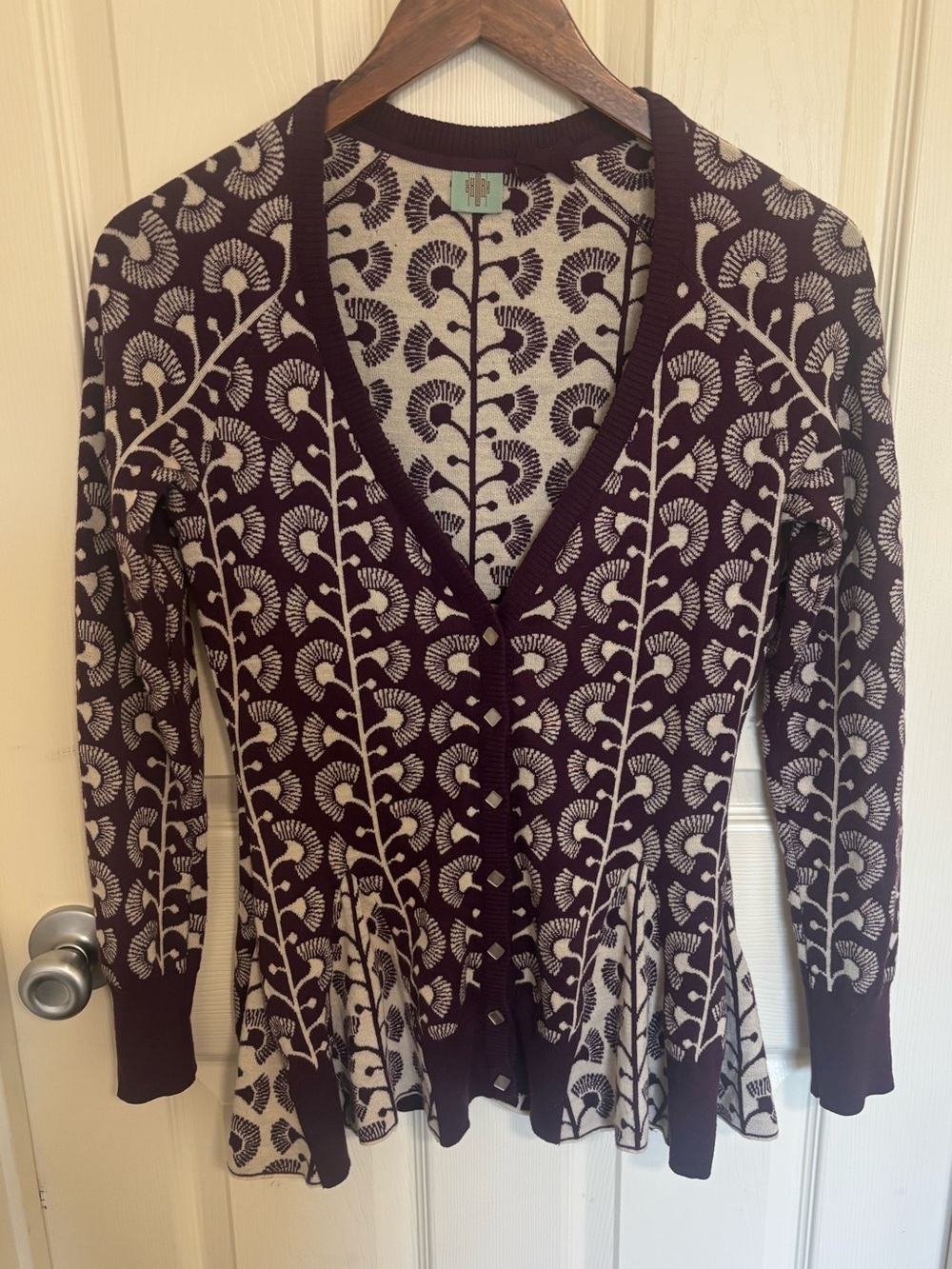 Anthropologie HWR Monogram Sweater Climbing Marigold Cardigan Peplum Purple